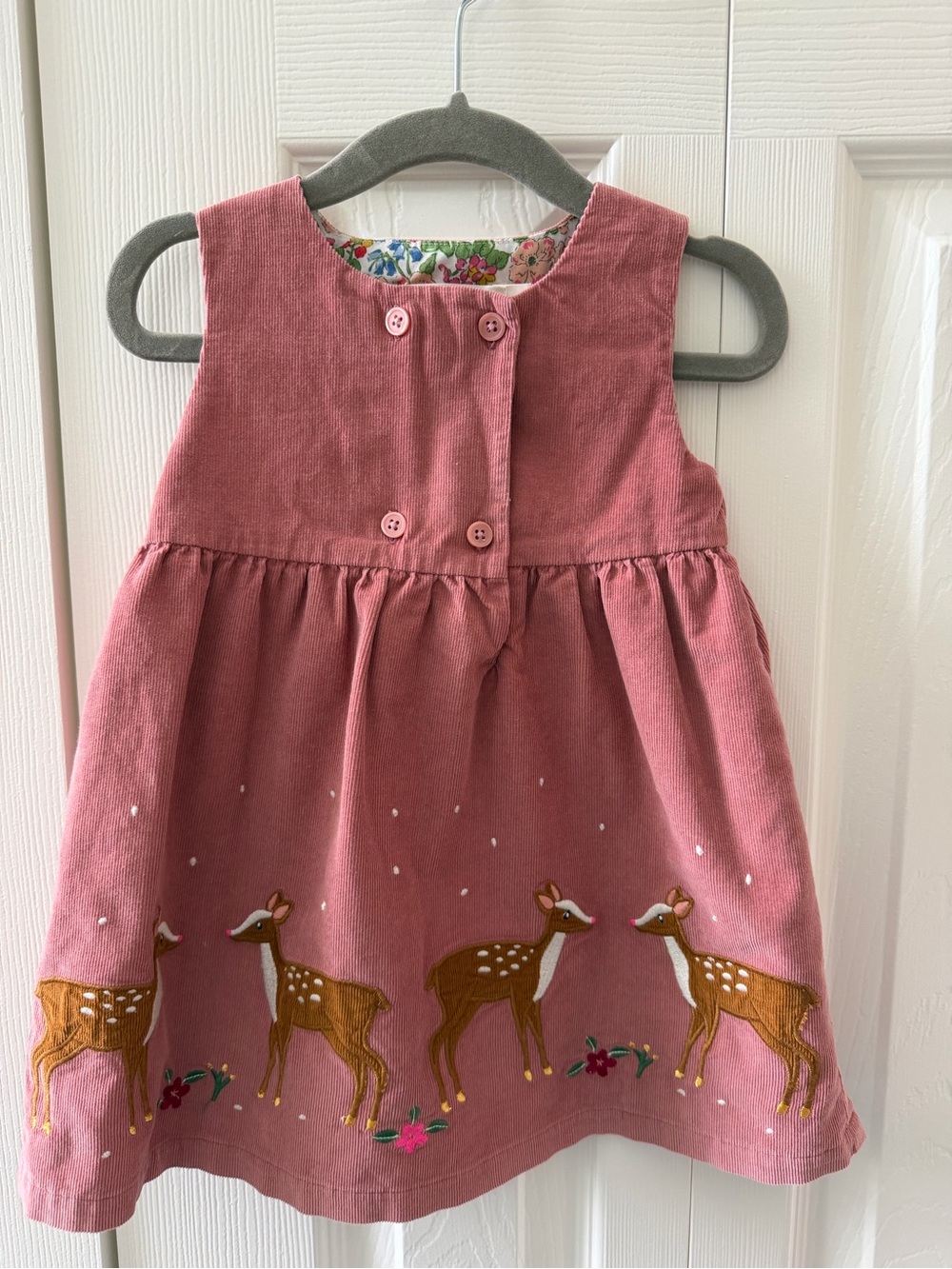 Baby Boden Rose Pink Corduroy Deer Embroidered Dress
